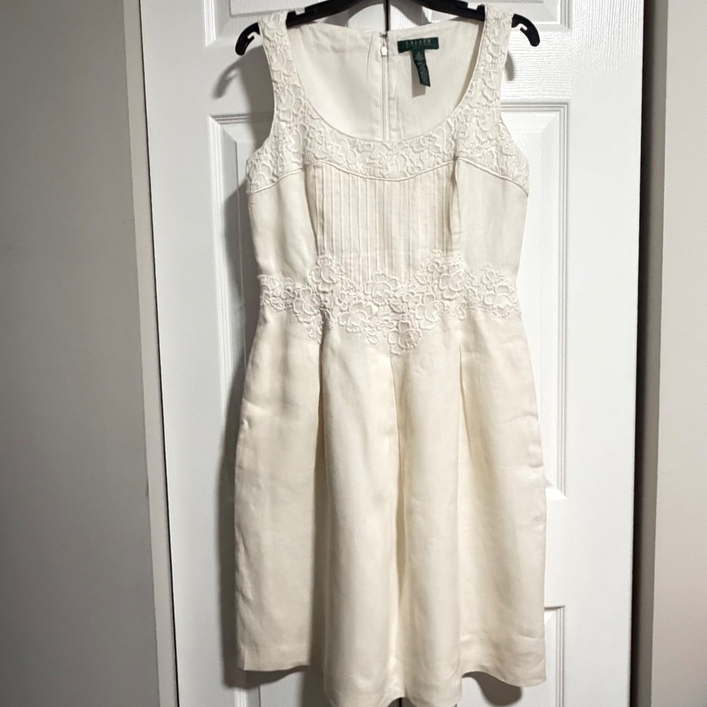 Lauren Ralph Lauren Cream Linen Lace Pintuck Sleeveless Midi Dress Size 6